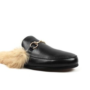 Prwnd  mens Real Leather Black Backless Slip On Fur Gold Buckle Loafer sz 9